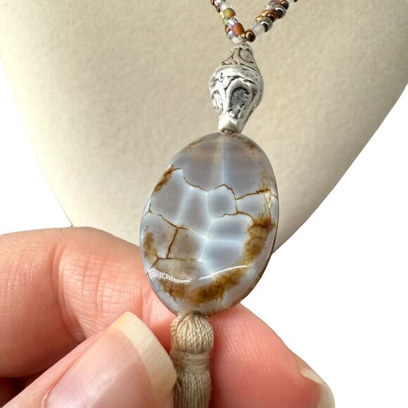 J. Jill Multi-Beaded Strand Necklace Long Agate Pendant Tassel Statement Metal - Picture 3 of 10